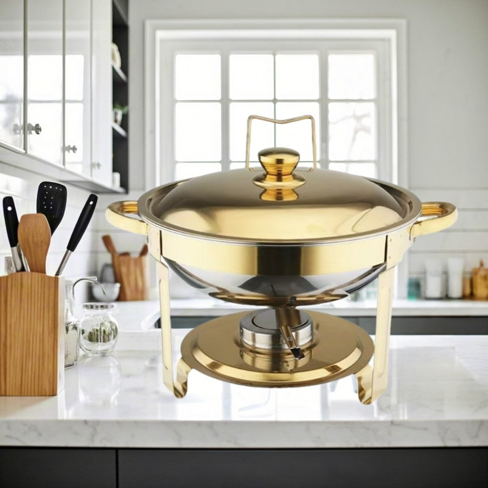 CDH-41 One-pan Alcohol-heating Buffet Stove (Without Alcohol), 5L Round Stainless Steel Chafing Dish, Gold Color, South Africa Production, Heat Preservation Food Warmer for Buffet Catering
