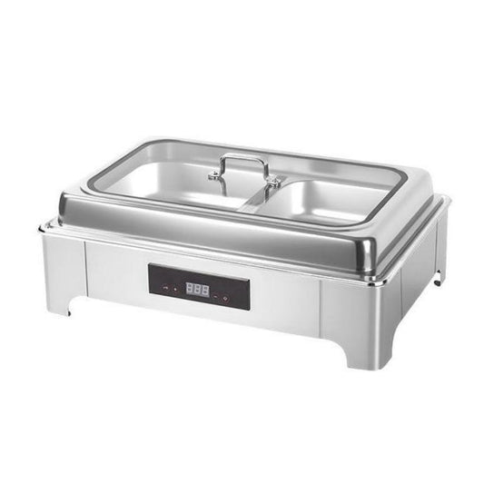 TH-5002 9L Two-Pans Electric Heater Buffet Stove, Square Stainless Steel Set with Visual Glass, Touch Temperature Control & Display