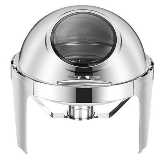 6L Round Chafing Dish Buffet Stove CDH-37, Silver Color, Alcohol-Heating Food Warmer with Visual Glass Lid (Without Alcohol), Stainless Steel Catering Equipment