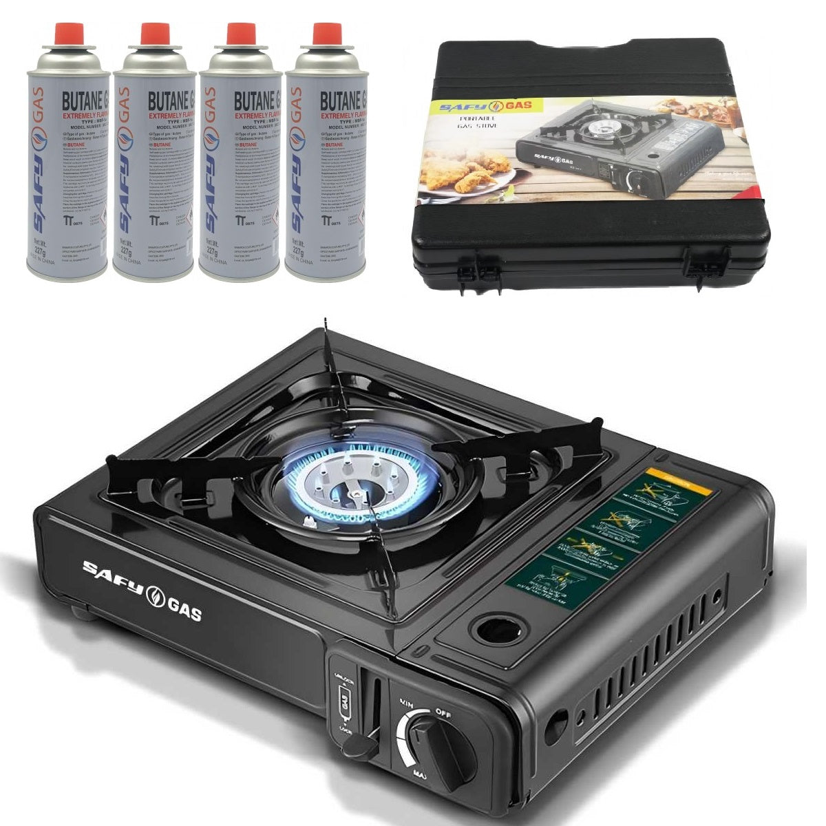 Portable Camping Gas Stove with Piezo-Electric Ignition, Safety Locking Mechanism, Adjustable Flame Control, 4 Butane Gas Canisters, Enamel Coated Pot Holder, and Storage Case