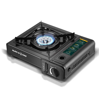 Portable Camping Gas Stove with Piezo-Electric Ignition, Safety Locking Mechanism, Adjustable Flame Control, 4 Butane Gas Canisters, Enamel Coated Pot Holder, and Storage Case