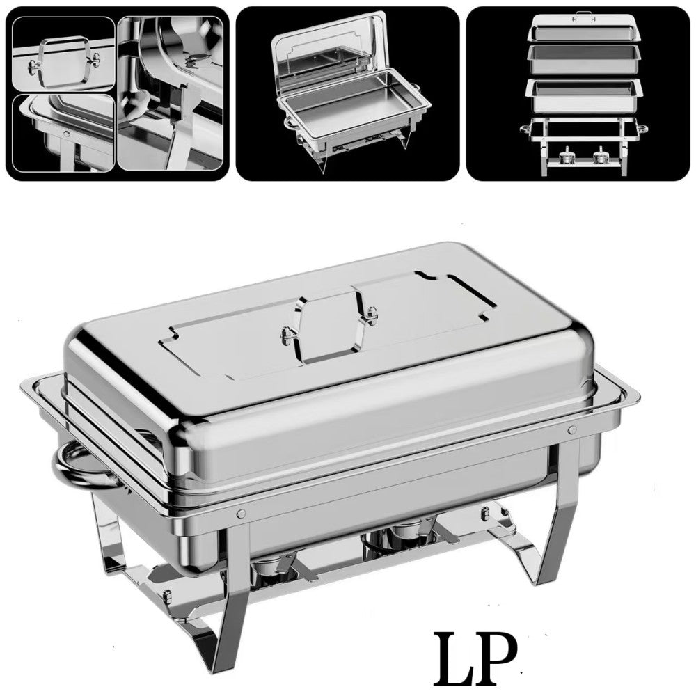 LP One-pan Alcohol-heating Buffet Stove Without Alcohol, 9L Square Stainless Steel Chafing Dish, Silver Color Food Warmer with Folding Frame and Heat Preservation