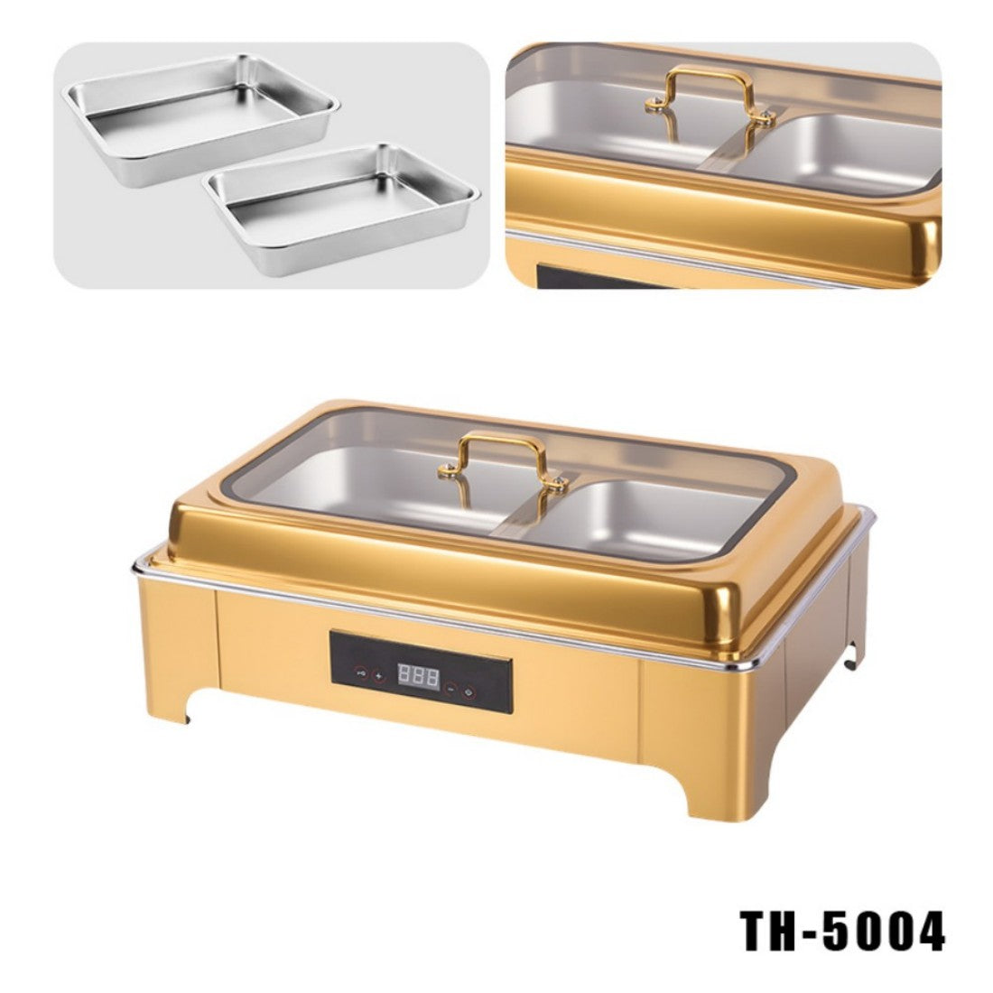 TH-5004 9L Two-Pans Electric Heater Buffet Stove, Square Stainless Steel Set with Visual Glass Lid, Gold Color, Touch Temperature Control & Digital Display