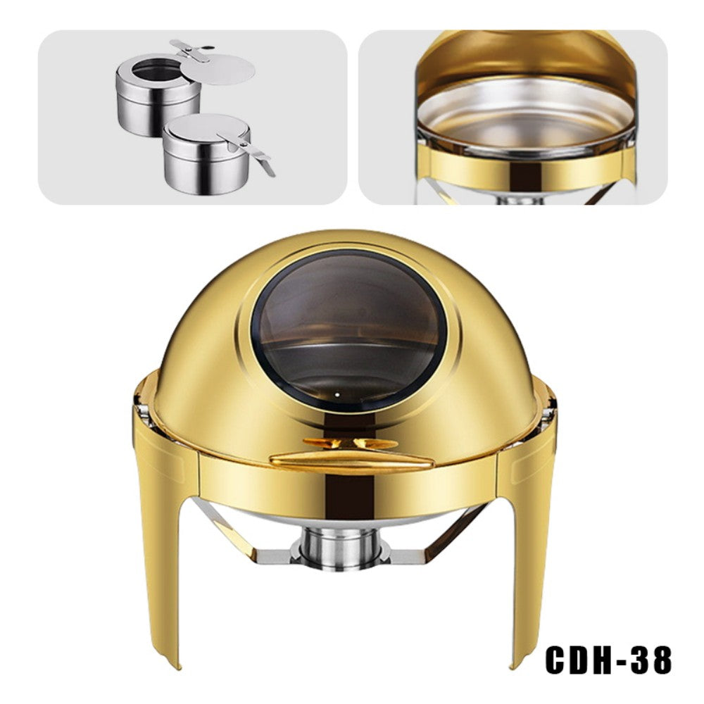 6L Round Chafing Dish Buffet Stove CDH-38, Gold Color, Alcohol-Heating Food Warmer with Visual Glass Lid (Without Alcohol), Stainless Steel Catering Equipment