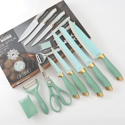 CONDERE HOME 8 PCS Knife Set | Chef, Bread, Slicer, Utility, Paring Knife, Ceramic Peeler, Scissors, Finger Protector 3CR13 Stainless Steel