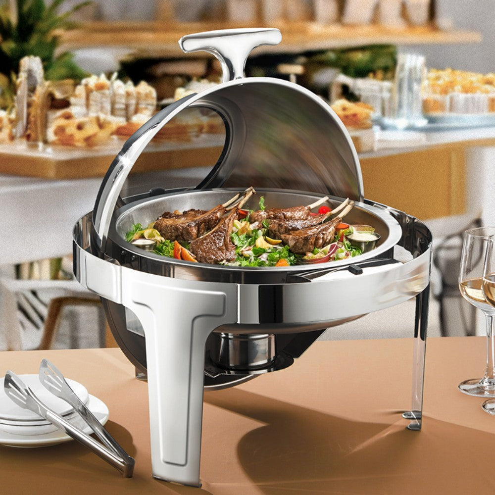 6L Round Chafing Dish Buffet Stove CDH-37, Silver Color, Alcohol-Heating Food Warmer with Visual Glass Lid (Without Alcohol), Stainless Steel Catering Equipment