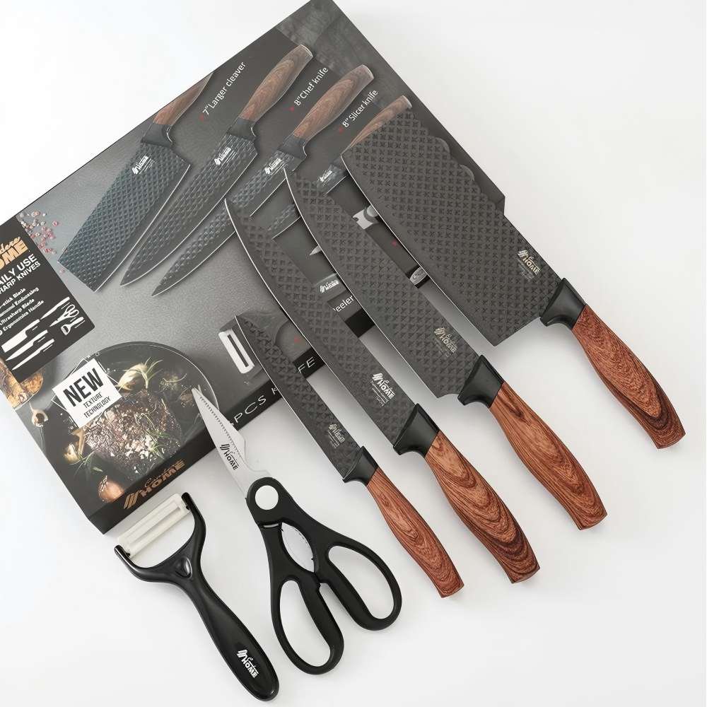 CONDERE HOME 6 PCS Kitchen Knife Set with Free Yeast Larger Cleaver, Chef Knife, Slicer, Utility Knife, Peeler & Scissors 3CR13 Stainless Steel Colour Box