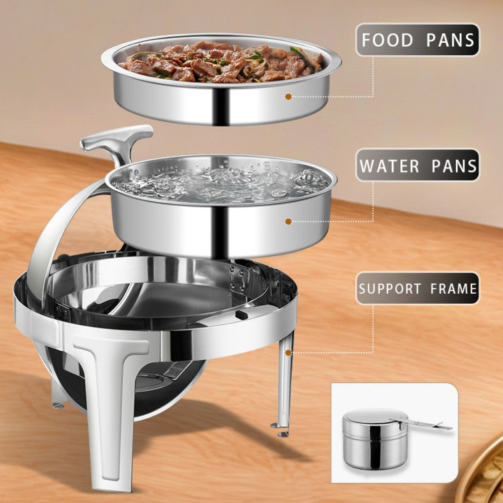 6L Round Chafing Dish Buffet Stove CDH-37, Silver Color, Alcohol-Heating Food Warmer with Visual Glass Lid (Without Alcohol), Stainless Steel Catering Equipment
