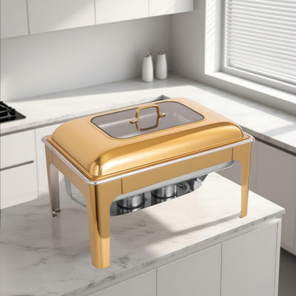 9L One-Pan Square Stainless Steel Chafing Dish Buffet Stove CDH-35, Gold Color, Alcohol-Heating Food Warmer (Without Alcohol), Heat-Resistant Catering Equipment for Events & Parties