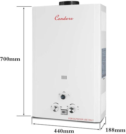 Condere LPG Tankless Water Heater Gas 20L, Outdoor Propane Water Heater with LED Display, Flame Failure & Overheat Protection – LQ-4020(HB), Ideal for Family Use.