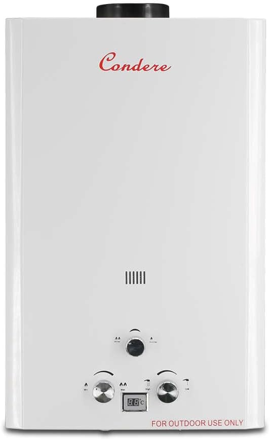 Condere 16L LPG Tankless Water Heater, Outdoor Propane Gas Heater with LED Display, Flame Failure & Overheat Protection – LQ-4016(HB), Ideal for Family Use