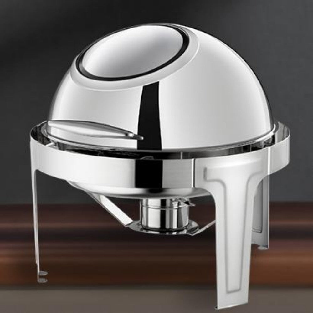 6L Round Chafing Dish Buffet Stove CDH-37, Silver Color, Alcohol-Heating Food Warmer with Visual Glass Lid (Without Alcohol), Stainless Steel Catering Equipment