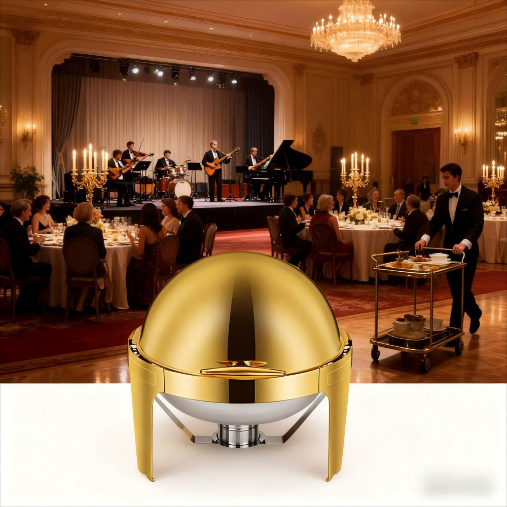 CDH-32 6L Round Stainless Steel Chafing Dish Buffet Stove, Alcohol-Heating Food Warmer (Fuel Not Included), Gold Color, Large Capacity & Long Heat Preservation