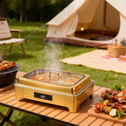TH-5003 9L One-Pan Electric Heater Buffet Stove, Square Stainless Steel Set with Visual Glass Lid, Touch Temperature Control & Digital Display, Hot Water Heating System for Longer Freshness