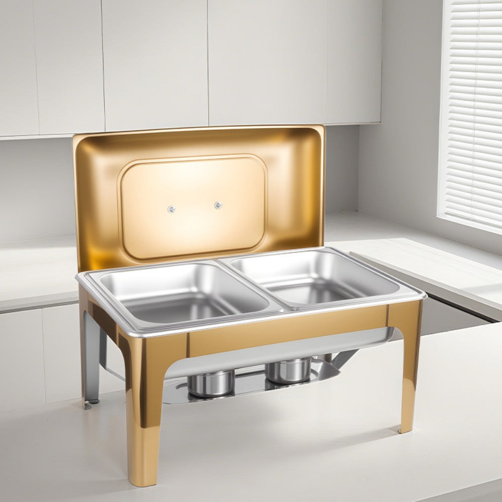 9L Two-Pan Square Stainless Steel Chafing Dish Buffet Stove CDH-36, Gold Color, Alcohol-Heating Food Warmer (Without Alcohol), Dual-Pan Catering Equipment for Events & Banquets