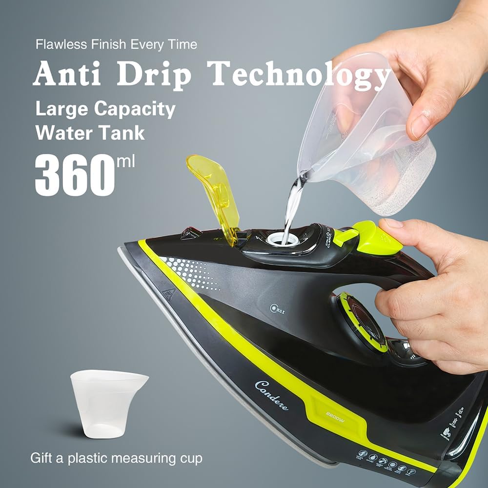CONDERE Steam Iron for Clothes 2200W - Ceramic Non-Stick Plate, 360ml Water Tank, Thermostatic Control with Self-Clean & Anti-Drip Features, Compact & Portable Iron for Travel
