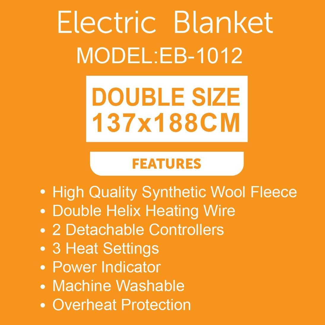 Electric Blanket EB-1012,137x188cm Heated Blanket with 2 Controllers, Synthetic Wool Fleece Heating Blanket