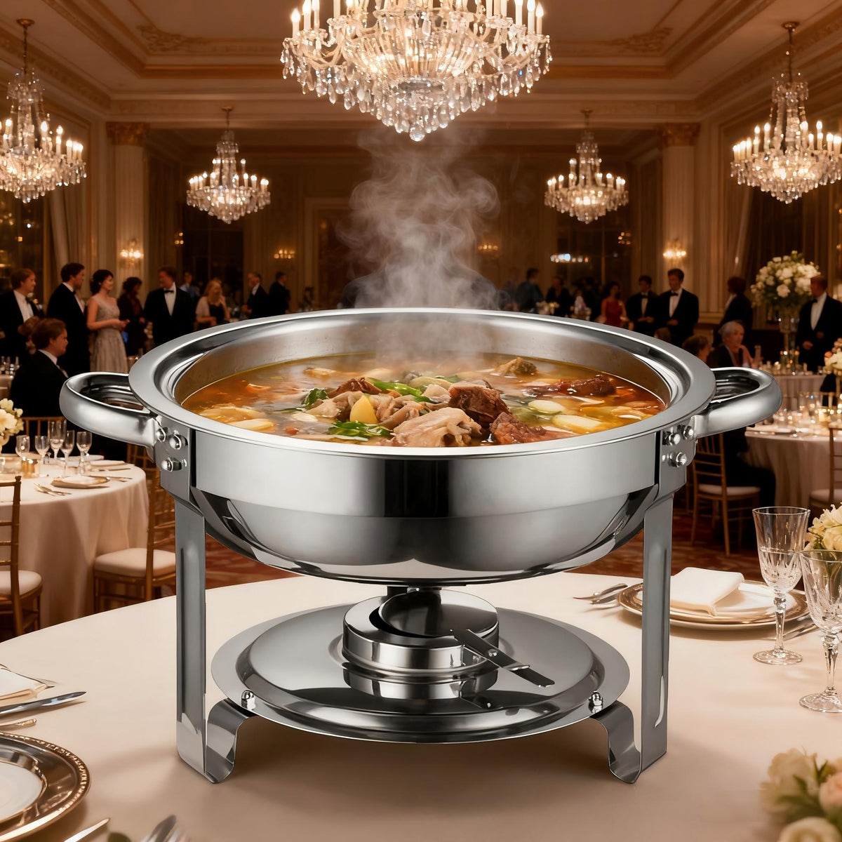 Alcohol-Heating Buffet Stove CDH-39, 5L Round Stainless Steel Set Silver Color, Chafing Dish Food Warmer (Without Alcohol)