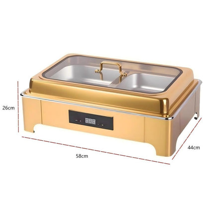 TH-5004 9L Two-Pans Electric Heater Buffet Stove, Square Stainless Steel Set with Visual Glass Lid, Gold Color, Touch Temperature Control & Digital Display