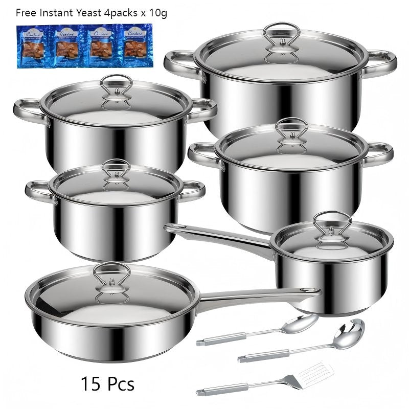 Condere Home CDH-001 15-Piece Stainless Steel Cookware Set with Free Instant Yeast – Includes Saucepan, Frypan, Casseroles, Ladle, Spatula & Spoon For Gas, Induction & Electric Stoves