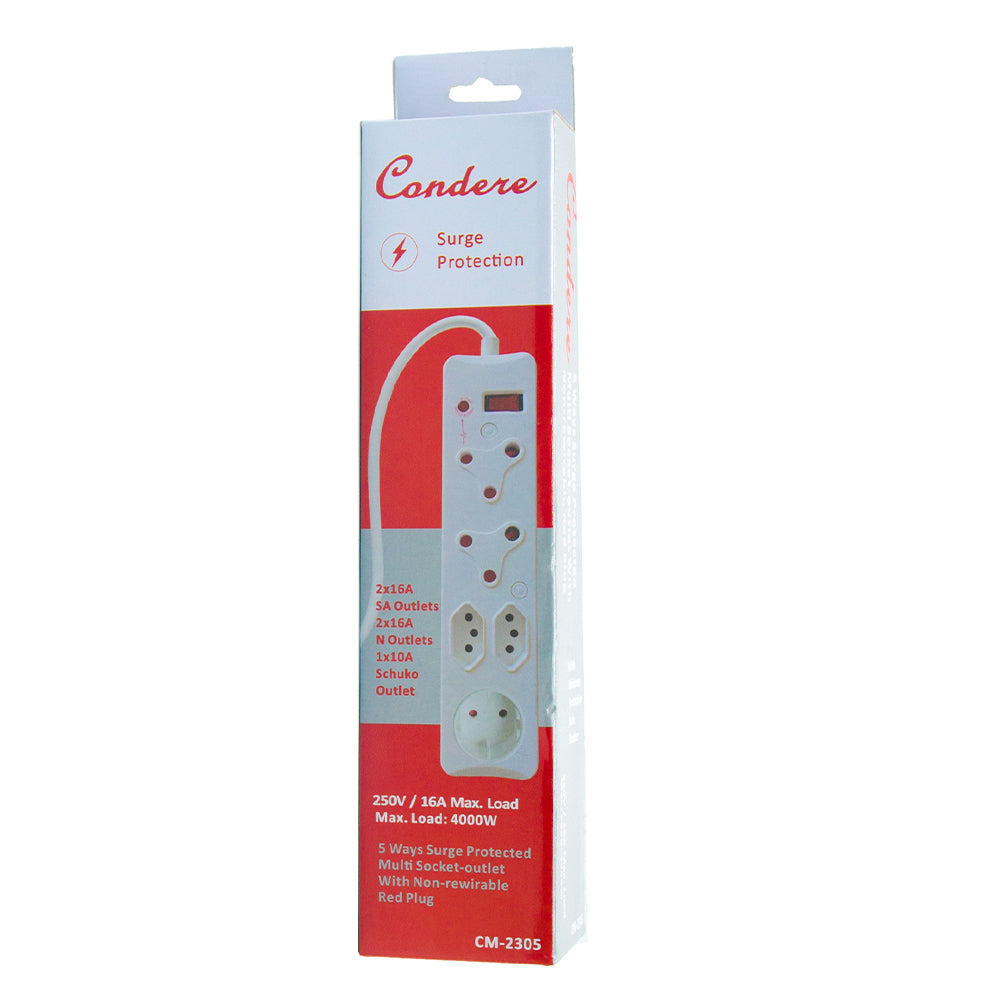 5-Way Surge Protected Power Strip with Multiple Socket-outlet, 16A Non-Rewirable Red Plug, 450J Protection, 4000W Capacity – Power Strip with Surge Indicator and IEC Certification CM-2305