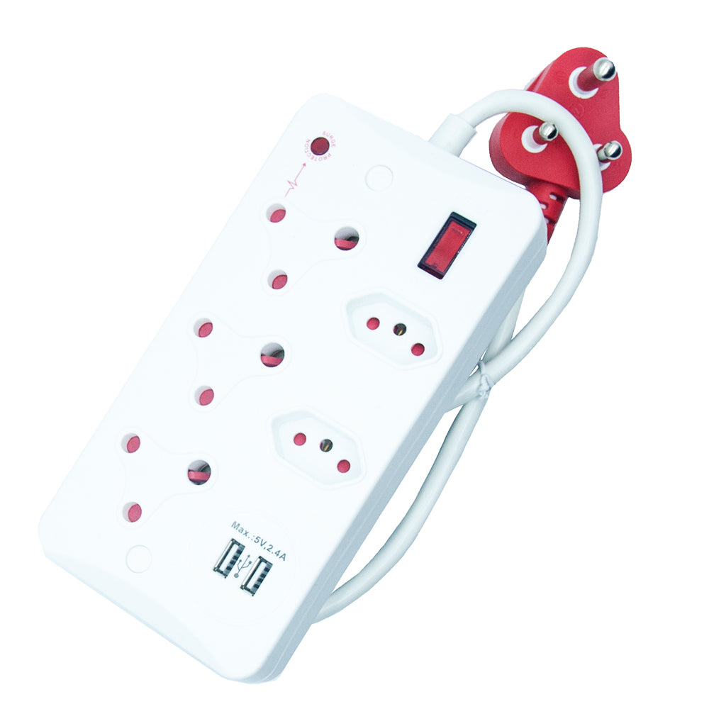 5-Way Surge Protected Power Strip with USB Ports, 16A Non-Rewirable Red Plug, 450J Protection, Fire-Resistant Shell, IEC Certified, 0.5m Cable CM-2405