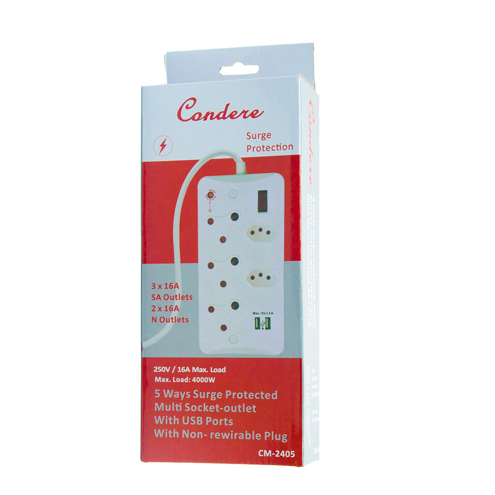 5-Way Surge Protected Power Strip with USB Ports, 16A Non-Rewirable Red Plug, 450J Protection, Fire-Resistant Shell, IEC Certified, 0.5m Cable CM-2405