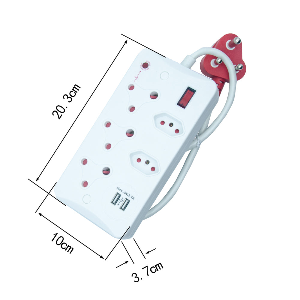 5-Way Surge Protected Power Strip with USB Ports, 16A Non-Rewirable Red Plug, 450J Protection, Fire-Resistant Shell, IEC Certified, 0.5m Cable CM-2405