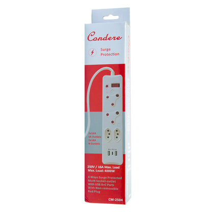 4-Way Surge Protector Power Strip with USB+type-C Ports, 16A Non-Rewirable Red Plug, 450J Surge Protection, Fire-Resistant Shell, IEC Certified, 0.5m Cable CM-2504