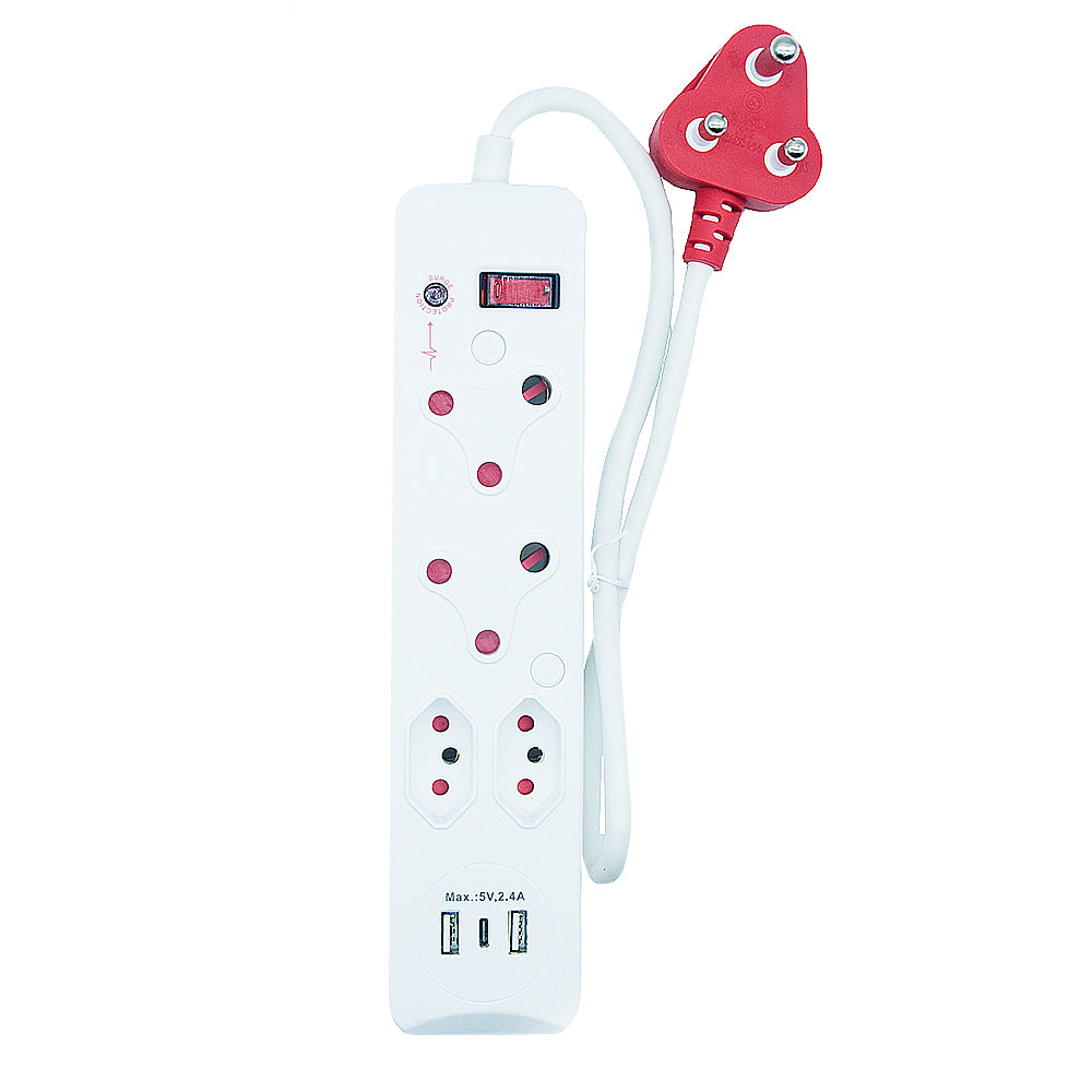 4-Way Surge Protector Power Strip with USB+type-C Ports, 16A Non-Rewirable Red Plug, 450J Surge Protection, Fire-Resistant Shell, IEC Certified, 0.5m Cable CM-2504