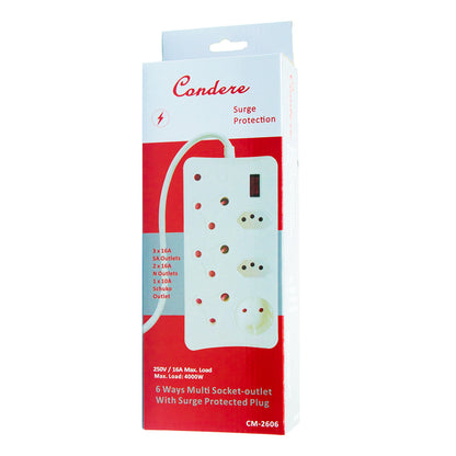 6-Way Surge Protected Socket-outlet Power Strip with 16A Surge Protected Plug, 500J-700J Protection, 4000W Capacity – IEC Certification CM-2606