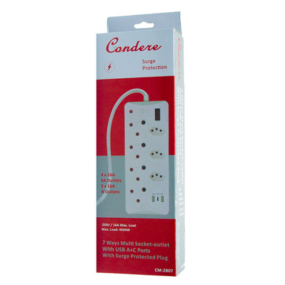 7-Way Multi Socket-outlet with USB+type-C Ports and Surge Protected Plug, Fire-resistant, 500J-700J Protection, 4000W Capacity – IEC Certification, CM-2807
