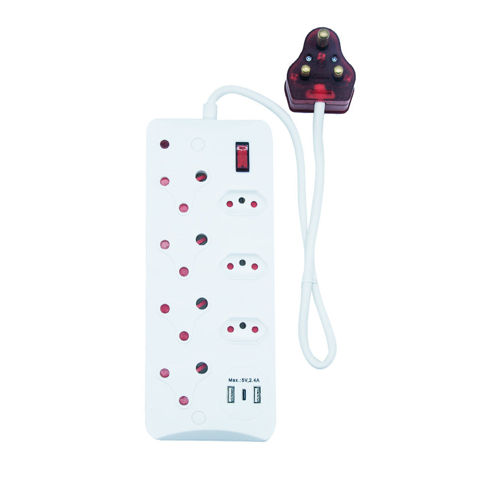 7-Way Multi Socket-outlet with USB+type-C Ports and Surge Protected Plug, Fire-resistant, 500J-700J Protection, 4000W Capacity – IEC Certification, CM-2807