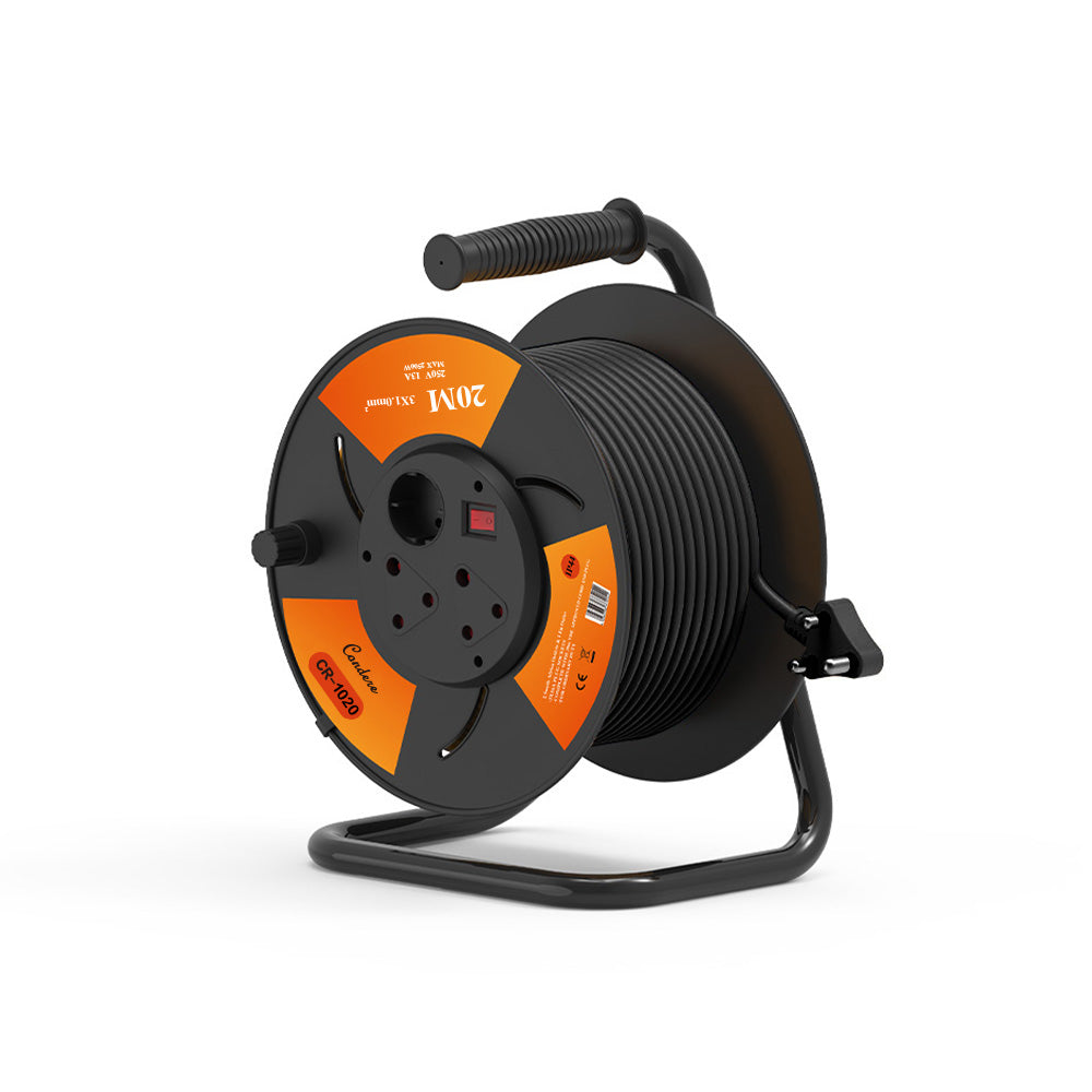 20m Copper Extension Cord Reel – Electrical Cord Storage Reel with Fireproof Shell, 2500W Power Cord Reel, 3-Port Extension Cord Holder with Key Switch and Child Protection