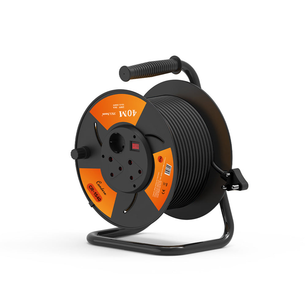 40m Copper Extension Cord Reel – Electrical Cord Storage Reel with Fireproof Shell, 3500W Power Capacity, 3-Port Extension Cord Holder with Key Switch and Child Protection