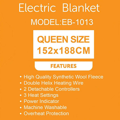 Electric Blanket EB-1013, 155x188cm Heated Blanket Throw with 2 Controllers, Synthetic Wool Fleece