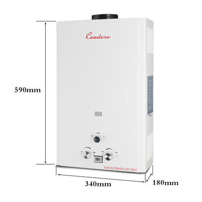Condere  LPG Tankless Gas Water Heater Gas 10L, Outdoor Gas Water Heater with LED Display, Flame Failure & Overheat Protection – LQ-4010(HB), Only for Outdoor Installation