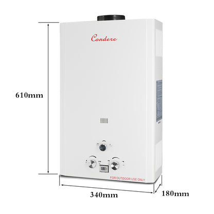 Condere 12L LPG Tankless Water Heater, Outdoor Gas Water Heater with LED Display, Flame Failure & Overheat Protection – LQ-4012(HB), Ideal for Family Use