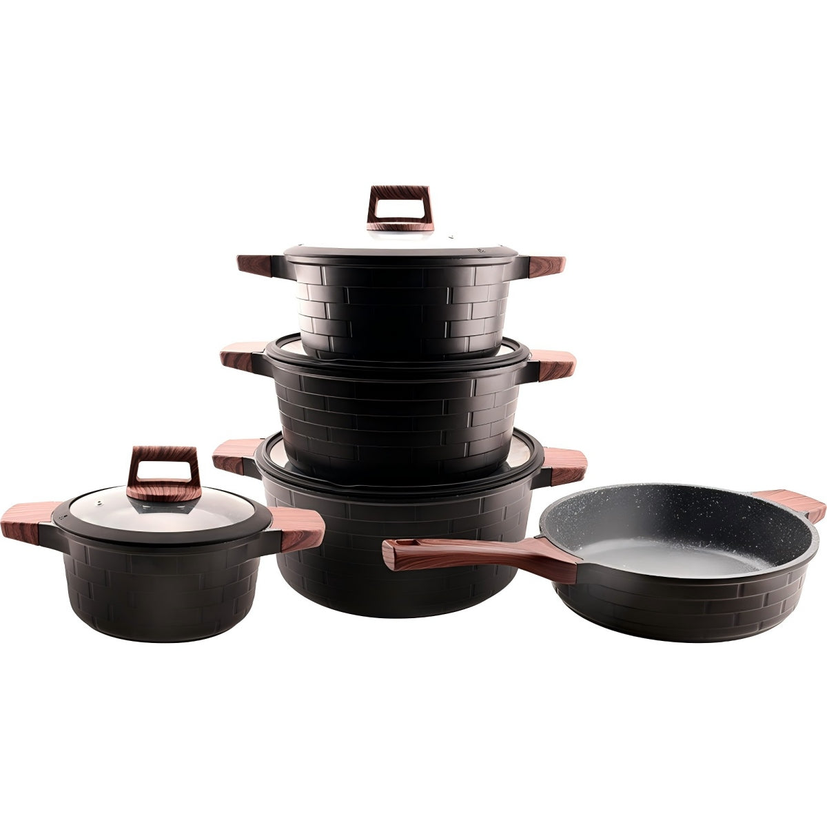 10pcs Golden Brick Cookware Pot Set SNCJ002 – Die-Cast Aluminum, Induction Bottom