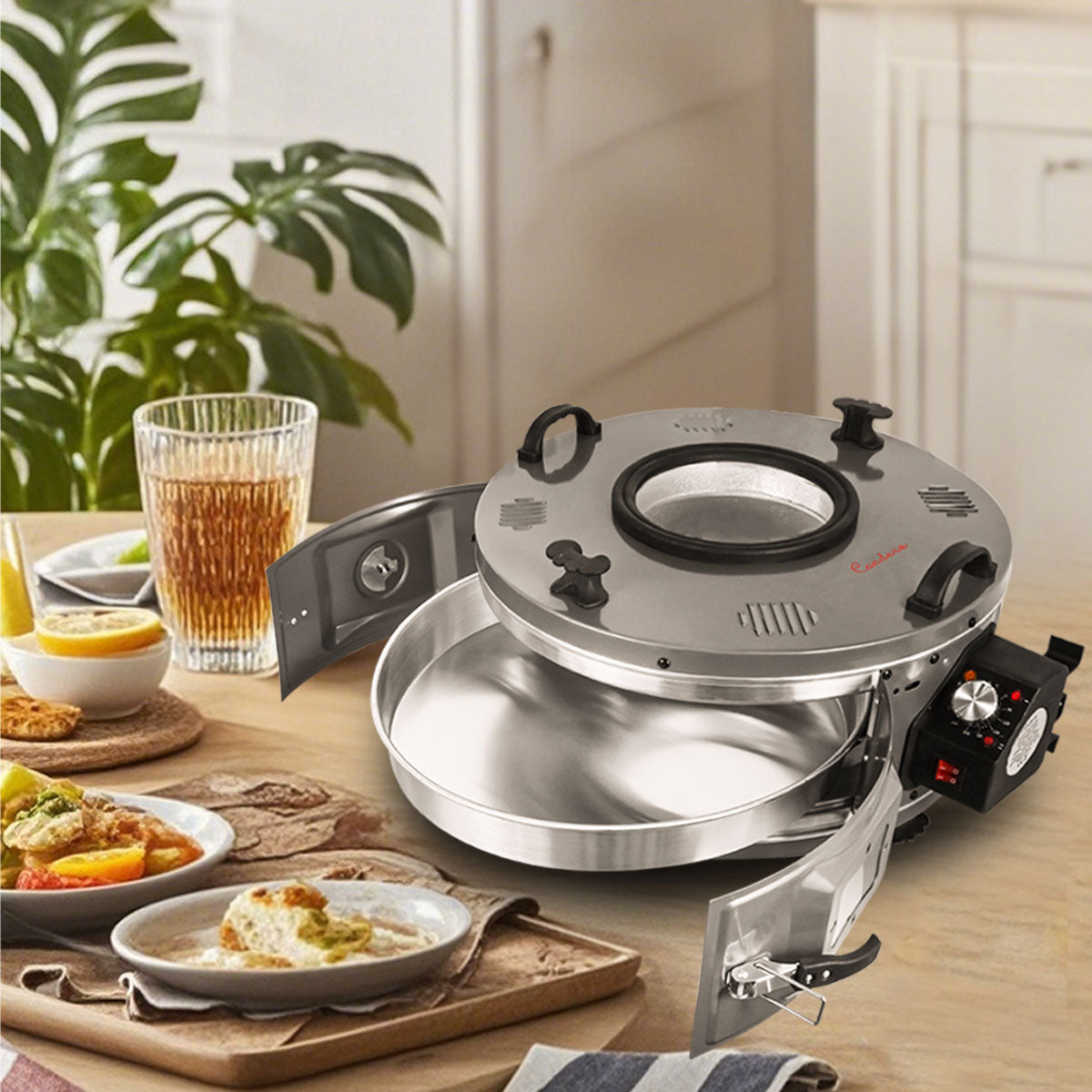CONDERE Oven, Thermostatic Roaster Oven TH-1241-1500W Electric Roaster Pan with Lid, Adjustable Heat Control, and 3 Deep Trays