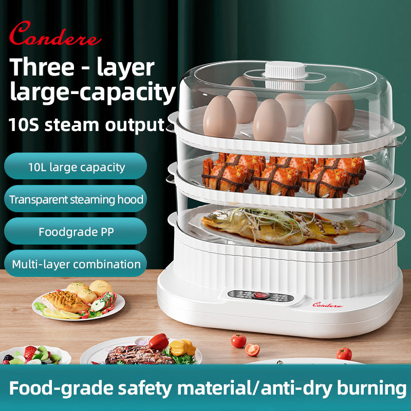 CONDERE 3-Layer Electric Steamer 10L – Multifunctional Food Steamer for Cooking, Vegetable Steamer, Steamer Pot for Kitchen, Electric Steam Cooker for Meat, Seafood & Dumplings